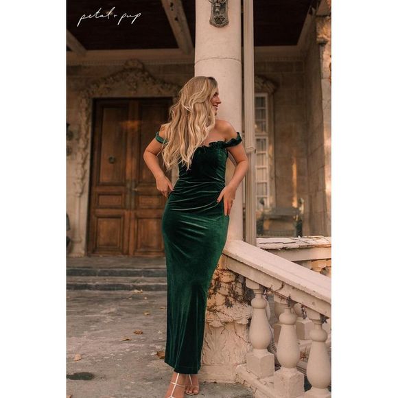 Petal & Pup Womens Celeste Off Shoulder Velvet Maxi Dress US 10 Emerald AUS 14 - Picture 7 of 8